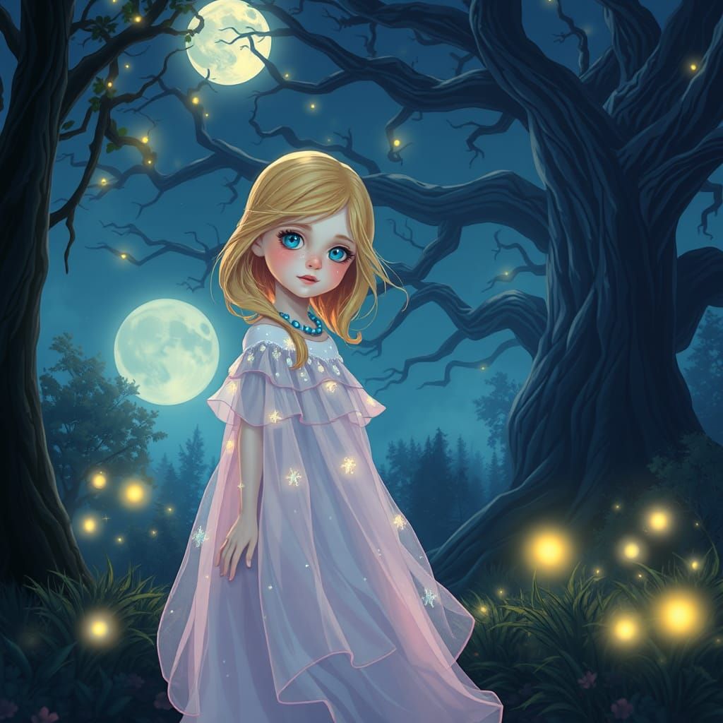 Moonlit Forest Scene with Girl in Dreamy Style