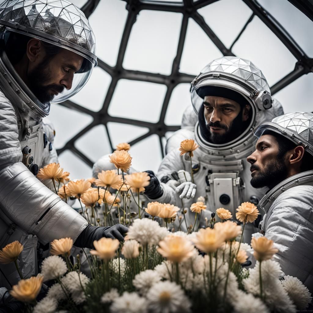 Shirin Neshat + Three men in spacesuits tending to the flowers in a geodesic dome of atmosphere on the ...  by @mansai