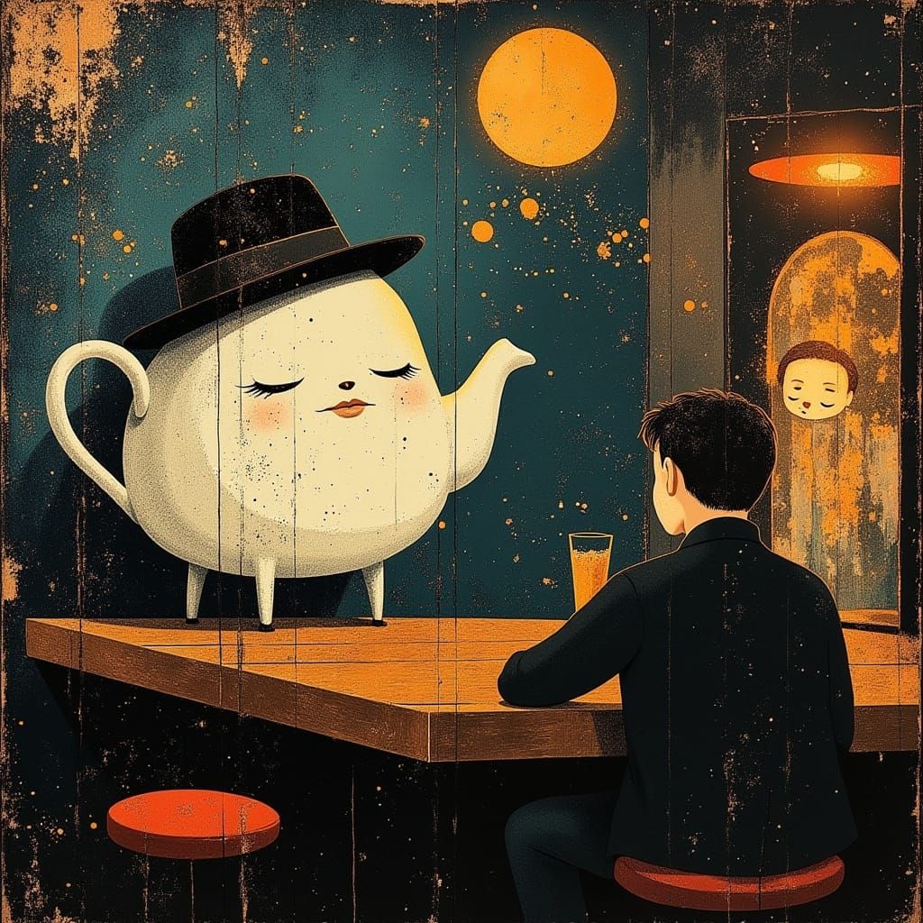 <lora:divineOil:1.0> An anthromorphic Teapot is in a bar playing darts when a drunk and angry customer scares him.  A jukebox box in the cor...