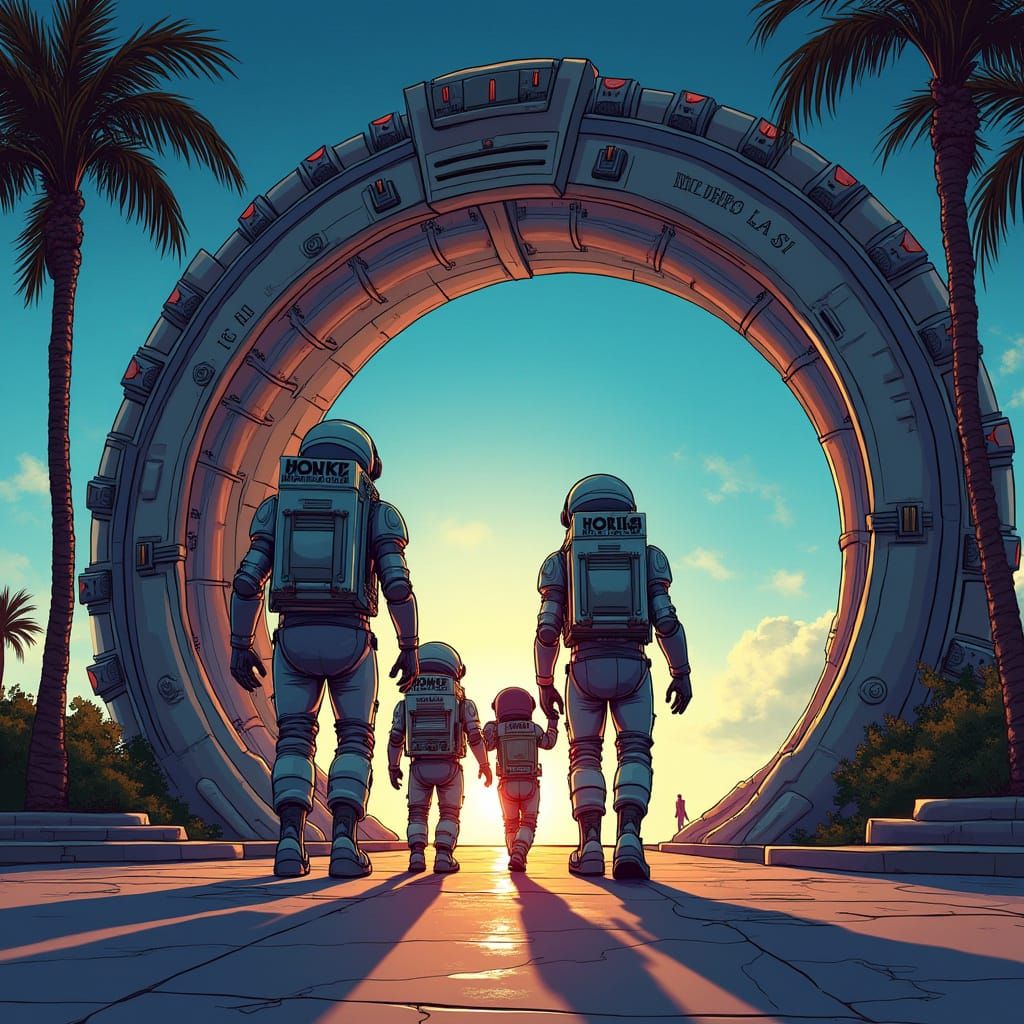 A family on SanfAllia-18 prepares to step through their local Stargate to visit DIsneyLand on Earth for vacation.