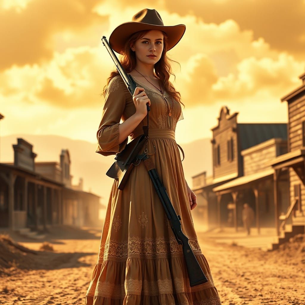 Show,photorealism,annie oakley powerful gunslinger,warm gold look,highly detailed,highly dynamic,8kuhd