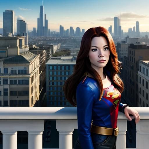 Lana Lang from smallville on a balcony overlooking a city