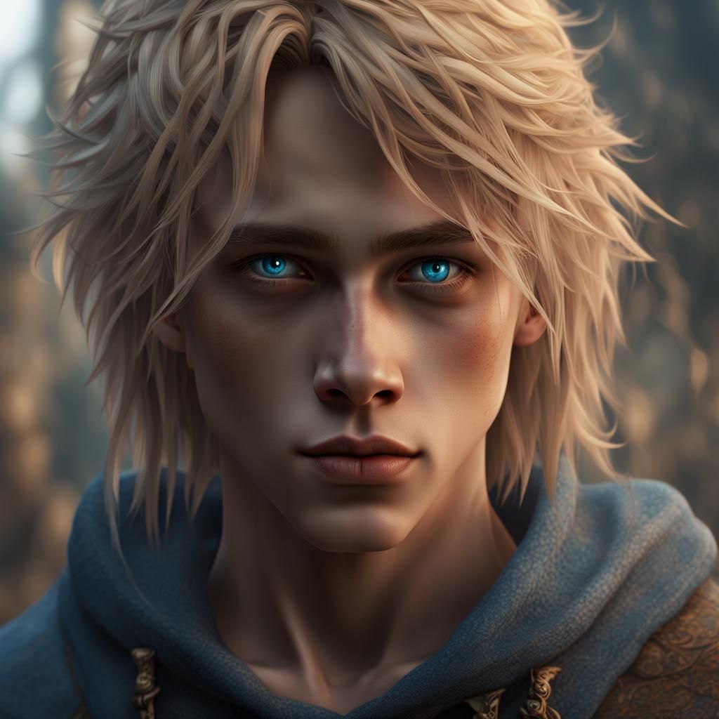 Teenage boy with long blond hair and very blue eyes with a s...