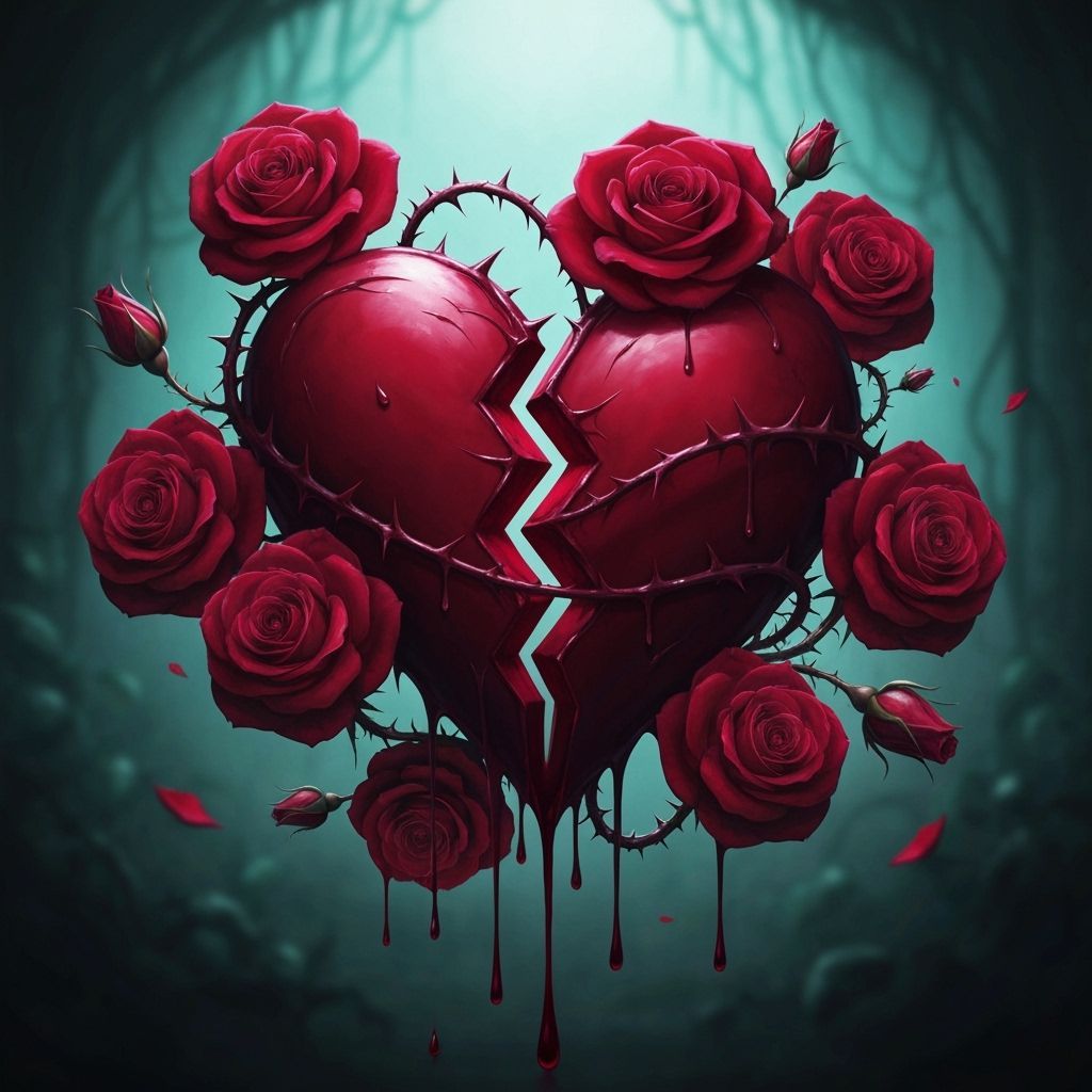 Valentine's Curse, broken heart dripping with blood surrounded with roses, Halloween 