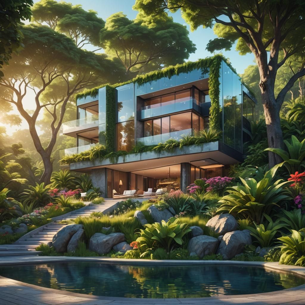 Luxurious Modern Villa with Enchanted Garden in Digital Art