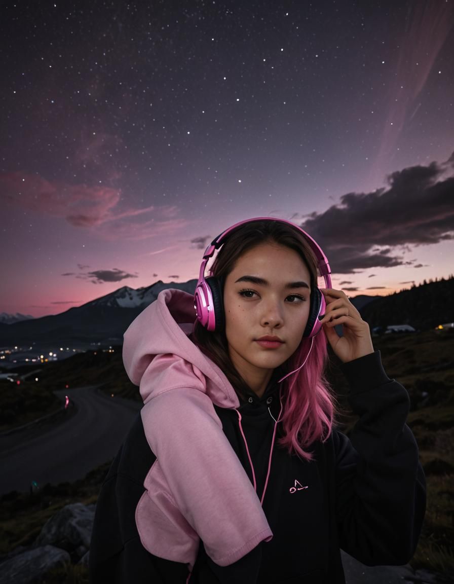 Teenage Girl with Pink Gaming Headset at Night