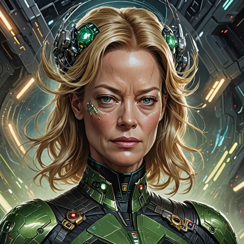 Jeri Ryan as 7 of 9 in a scene from Star Trek with the Borg Queen. - AI ...