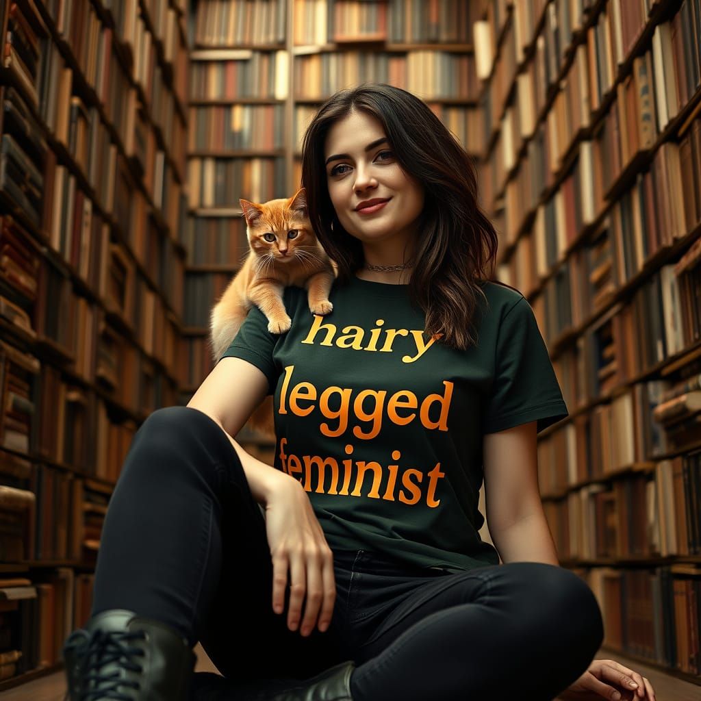 Contemplative Woman Surrounded by Books and Whimsical Detail...