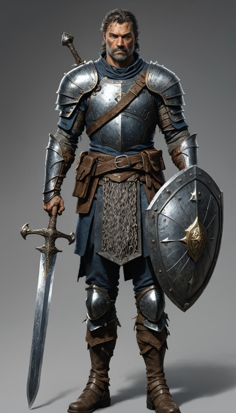 Full body shot, human male, he has a medium muscular form, his body scarred, A claw scar on his right cheek just underneath his gray eyes, h...