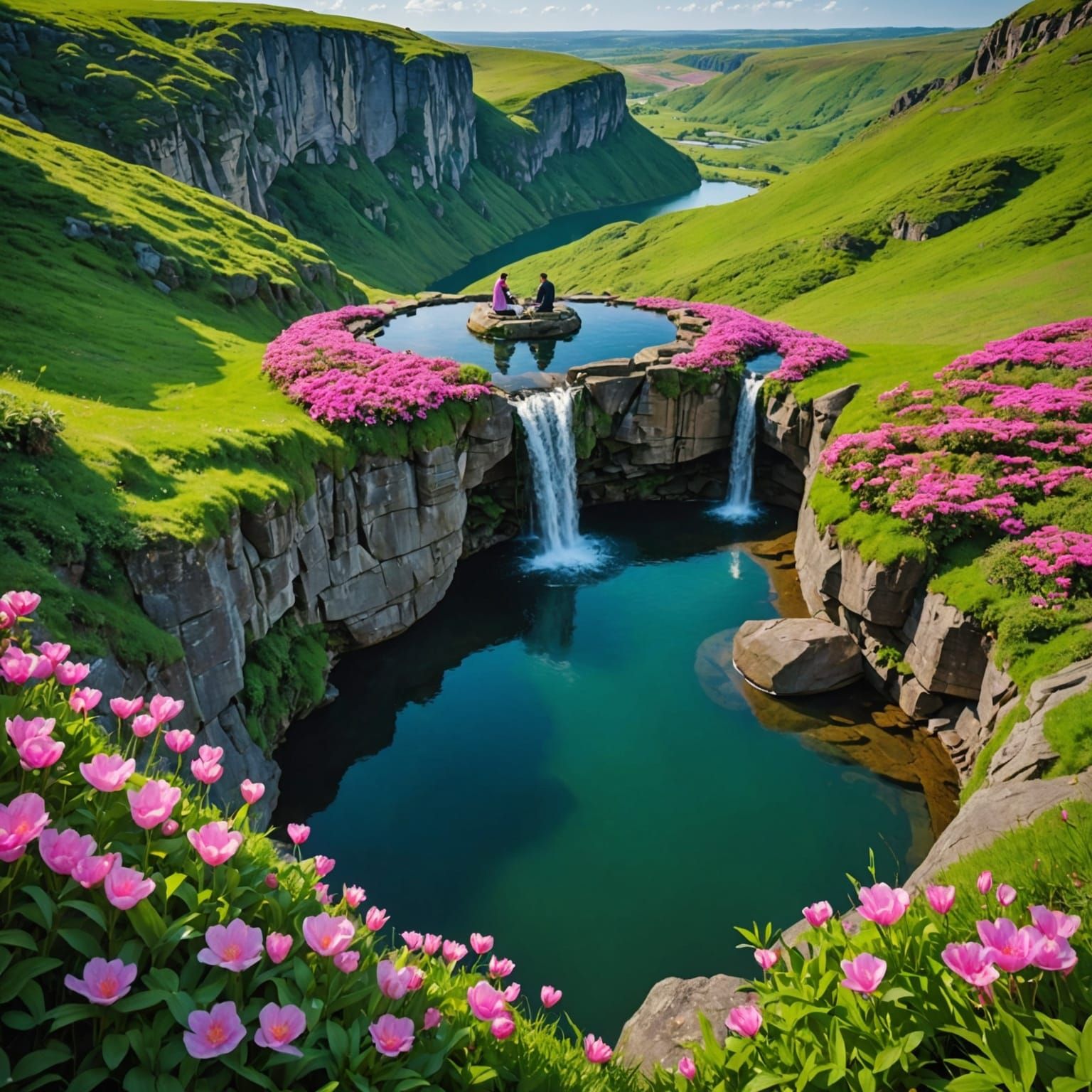 A stunning, ethereal scene unfolds at the peak of a towering cylindrical rock: a heart-shaped pond at the top of the rock. A majestic waterf...