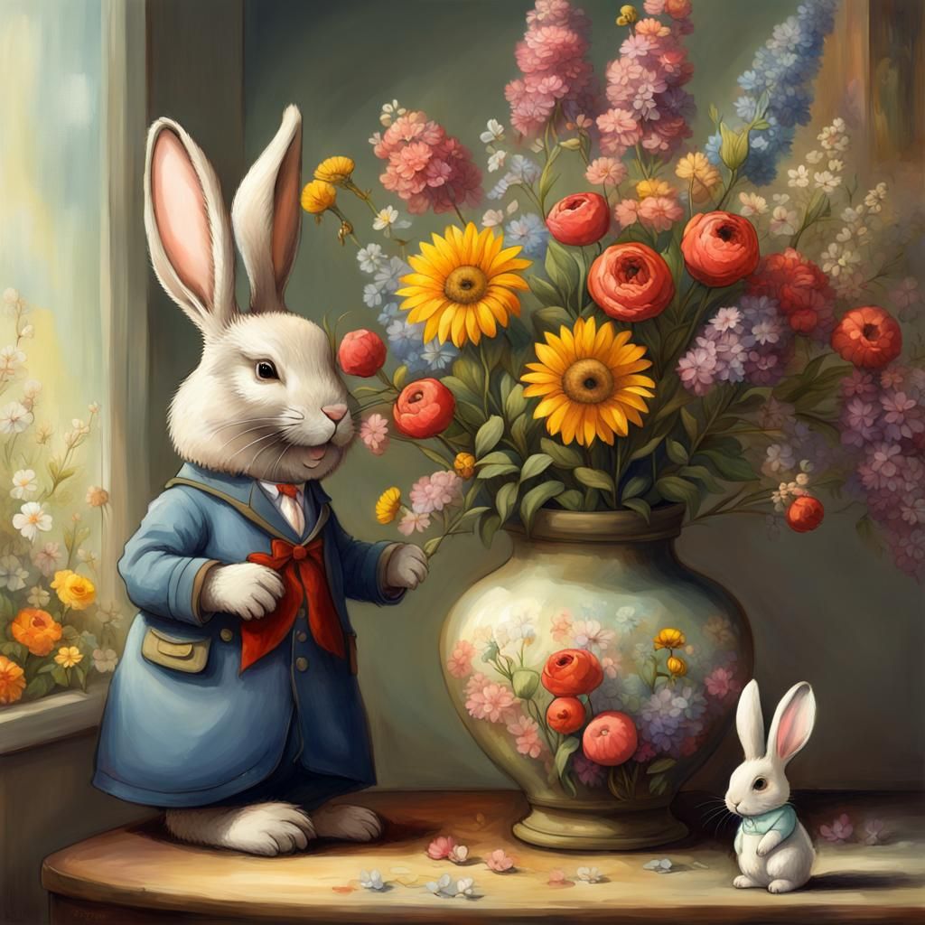 painting of a cute, whimsical anthropomorphic bunny next to a big vase of multicoloured flowers. by Beatrix ...  by @FruitFan