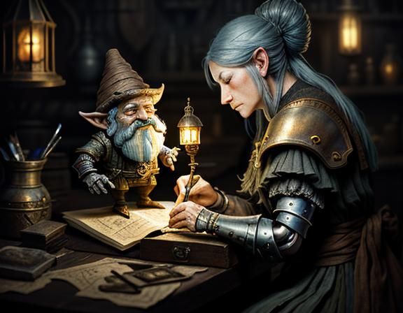 a female gnome repairing an automaton at a workbench. a mast...