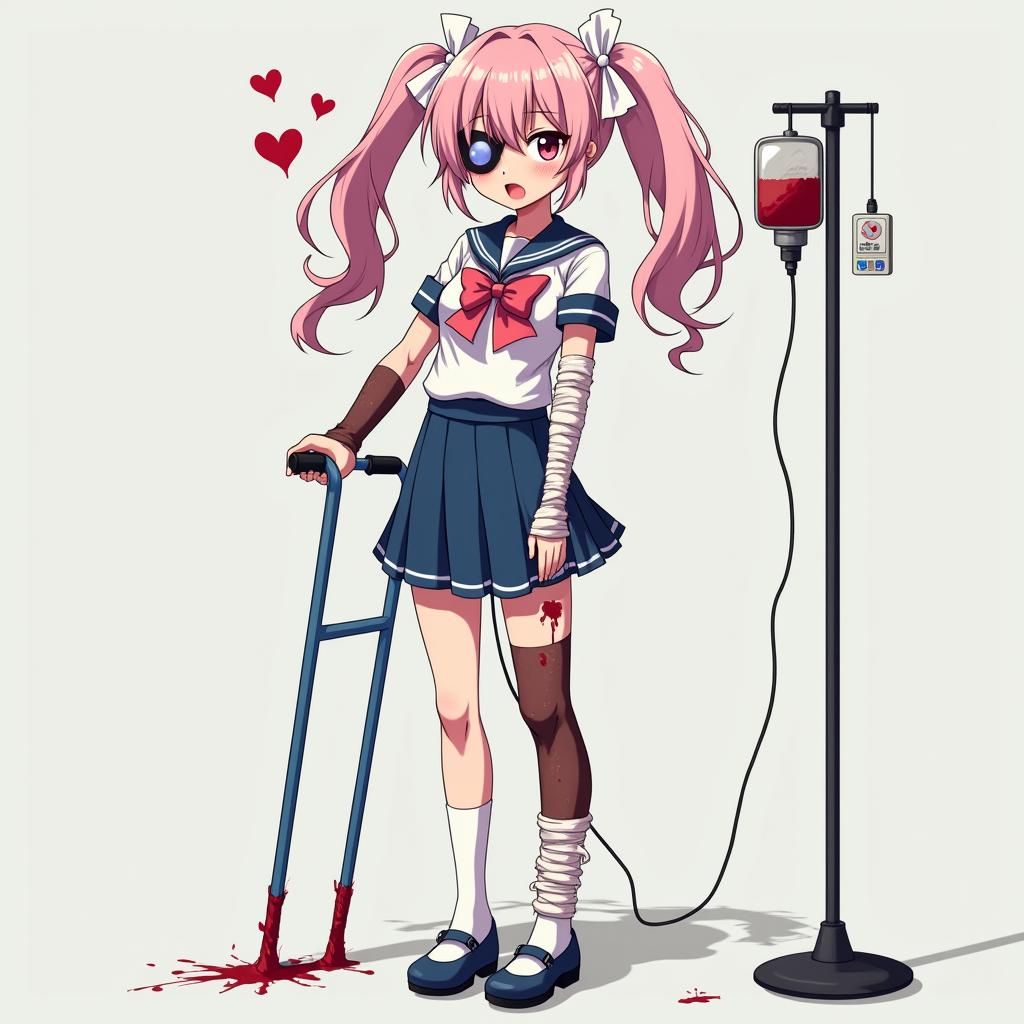 anime girl with her left arm in a sling with blood seeping through. Left hand is amputated. The right arm is holding onto a blue crutch. Rig...