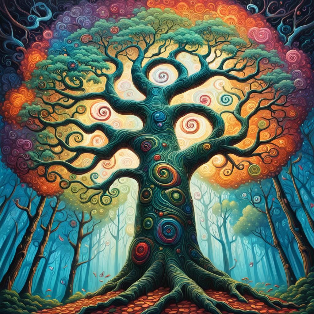 Musical Tree in Whimsical Forest, Comic Book Art