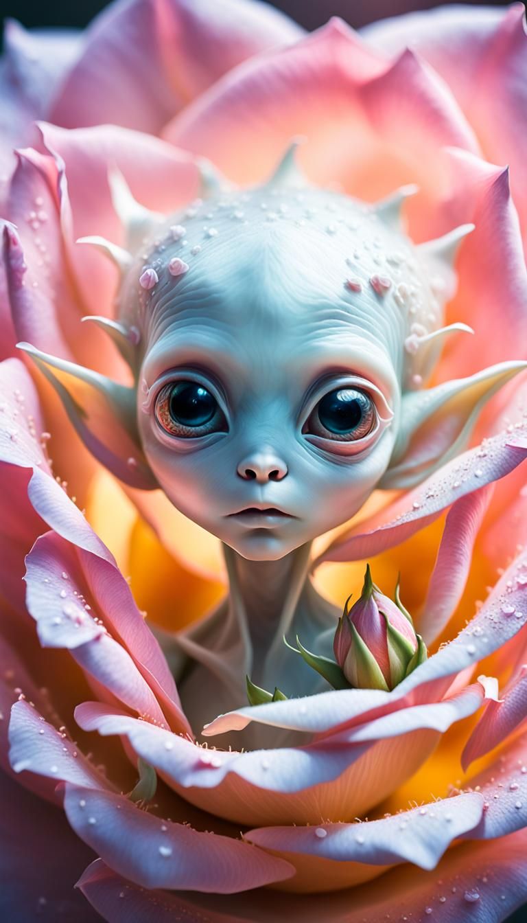 Alien female with pointed ears nestling inside a blooming ro...
