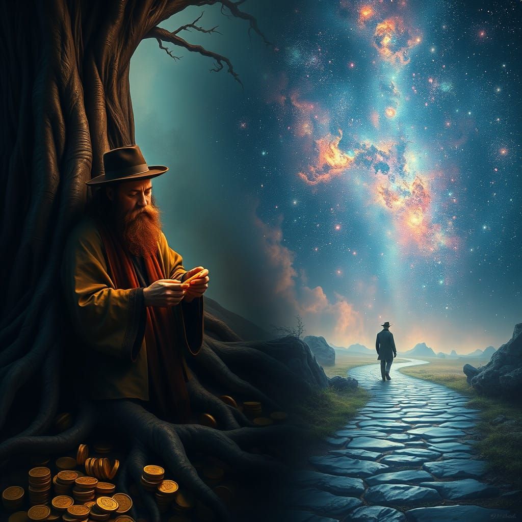 Mystical Scholar in Ancient Ambiance with Celestial Canvas