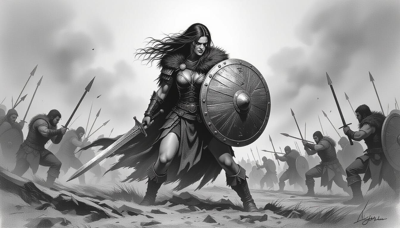 A fierce shield maiden, lost in the chaos of combat.