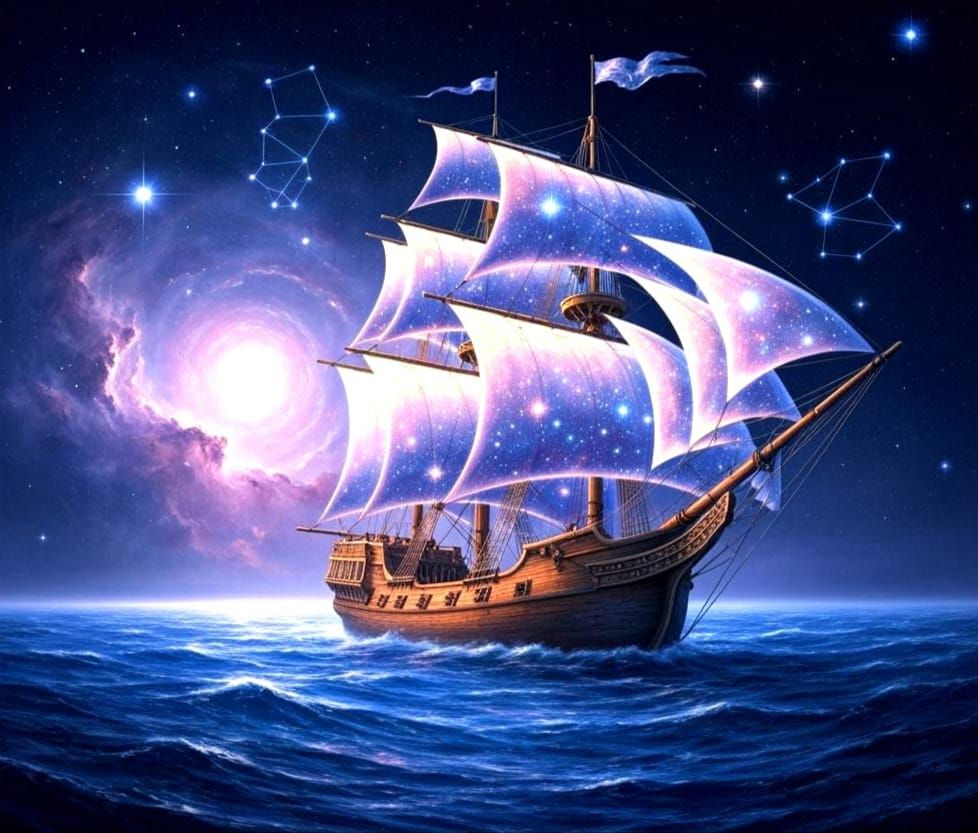 A majestic sailing ship with glowing sails navigates through a sea of swirling nebulae and star clusters. The ship's hull is ancient wood, b...