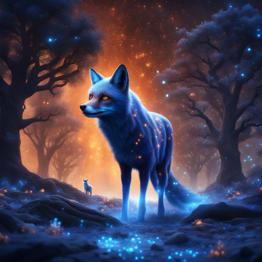 A galactic fox Made of Star dust, he walks to a tree Made of...