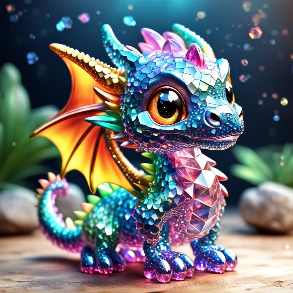 Cute chibi crystal colourful dragon, whimsical 3D, HDR quality photo, shimmering sparkling   by @HarrietM