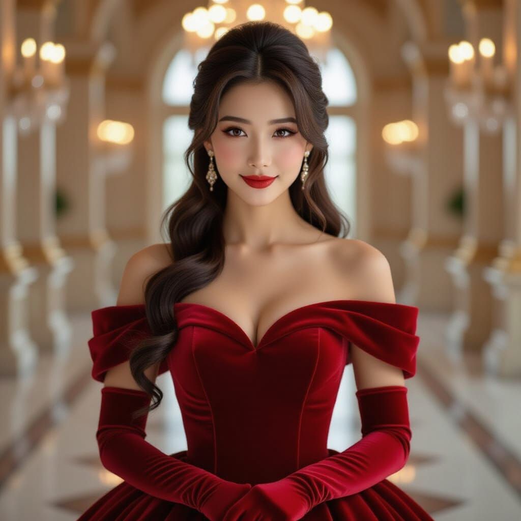 Beautiful Japanese Princess in Red Velvet Gown