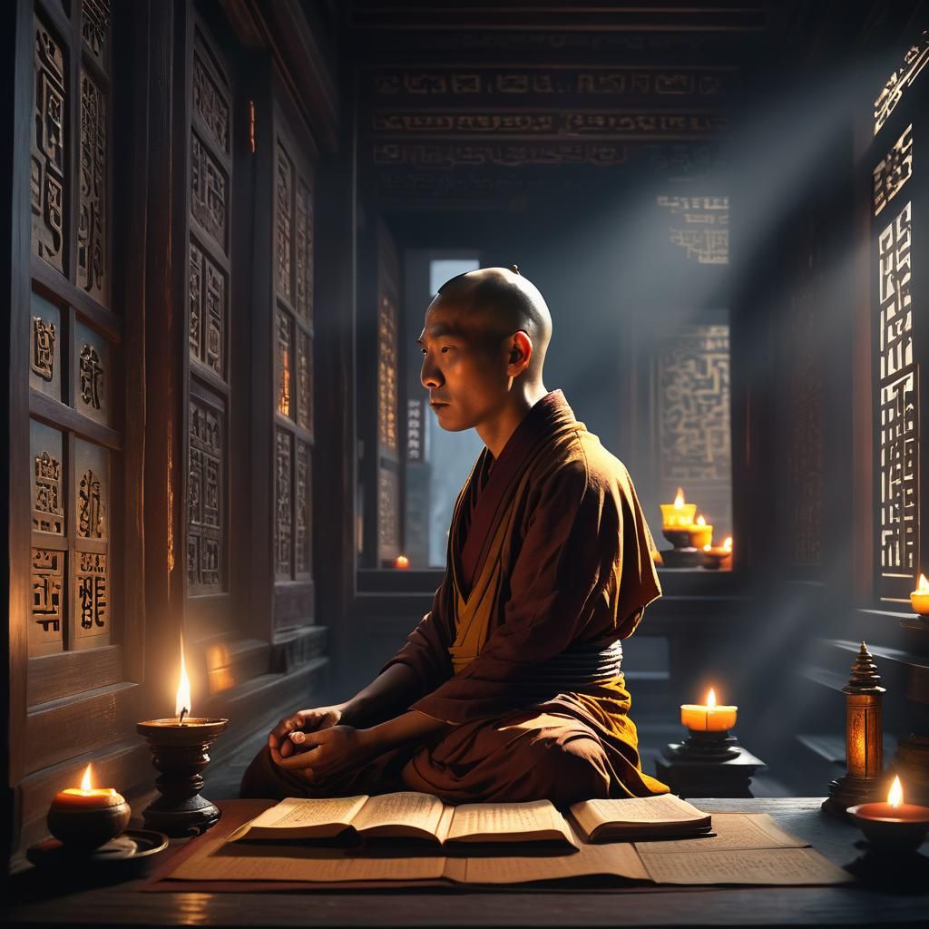 Monk Contemplating Sutras in Traditional Chinese Art Style