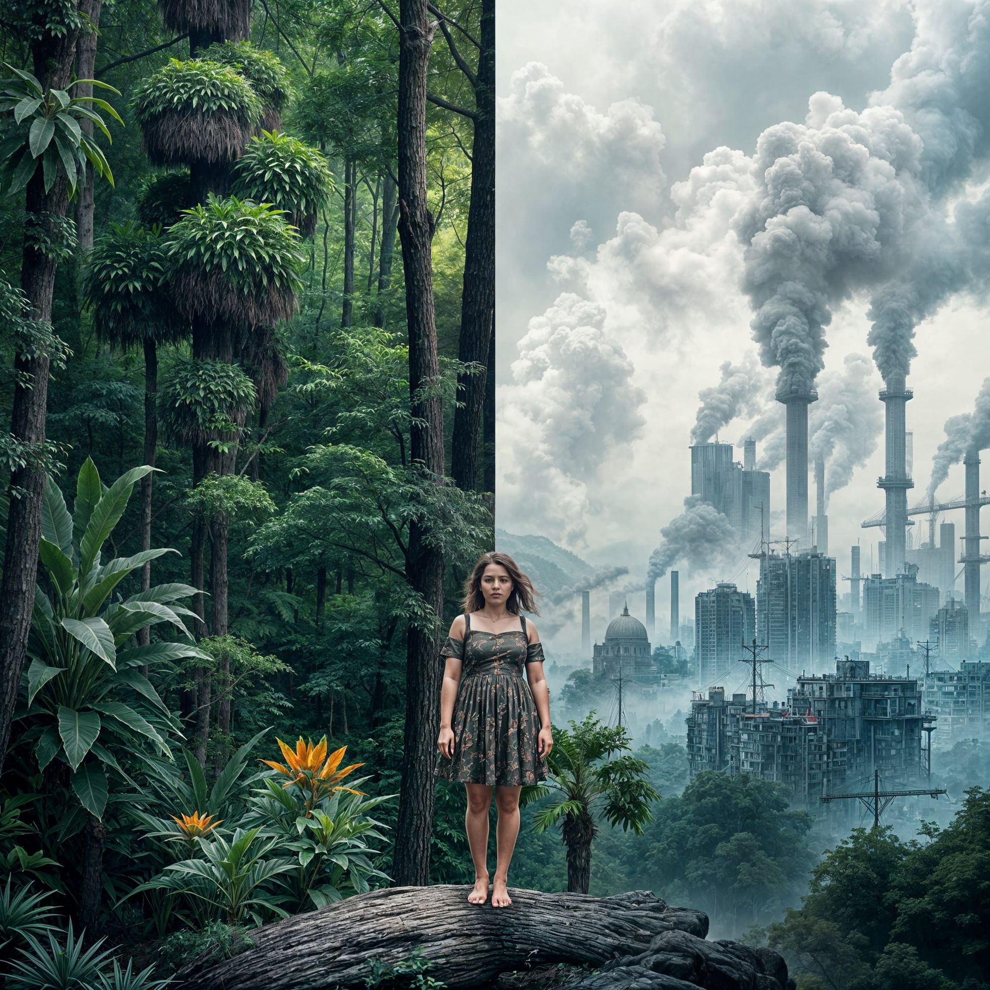 Depict a divided image where the let side is green forest and nature while the right side ias a grey city full of smoke. 