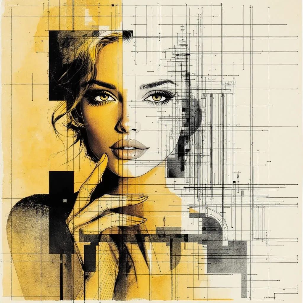 full view, Abstract ink sketch portrait of a woman's face, with hand on chin, blending realistic features with abstract geometric lines and ...