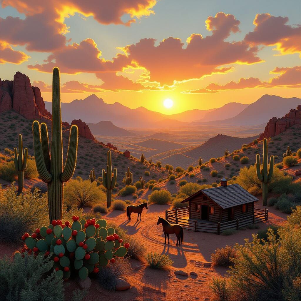 The sun burns in the sky so hot it drips FIRE!  It bakes the Sonoran desert ! Suaro cactus are all over the hillside ,mesquite trees below t...