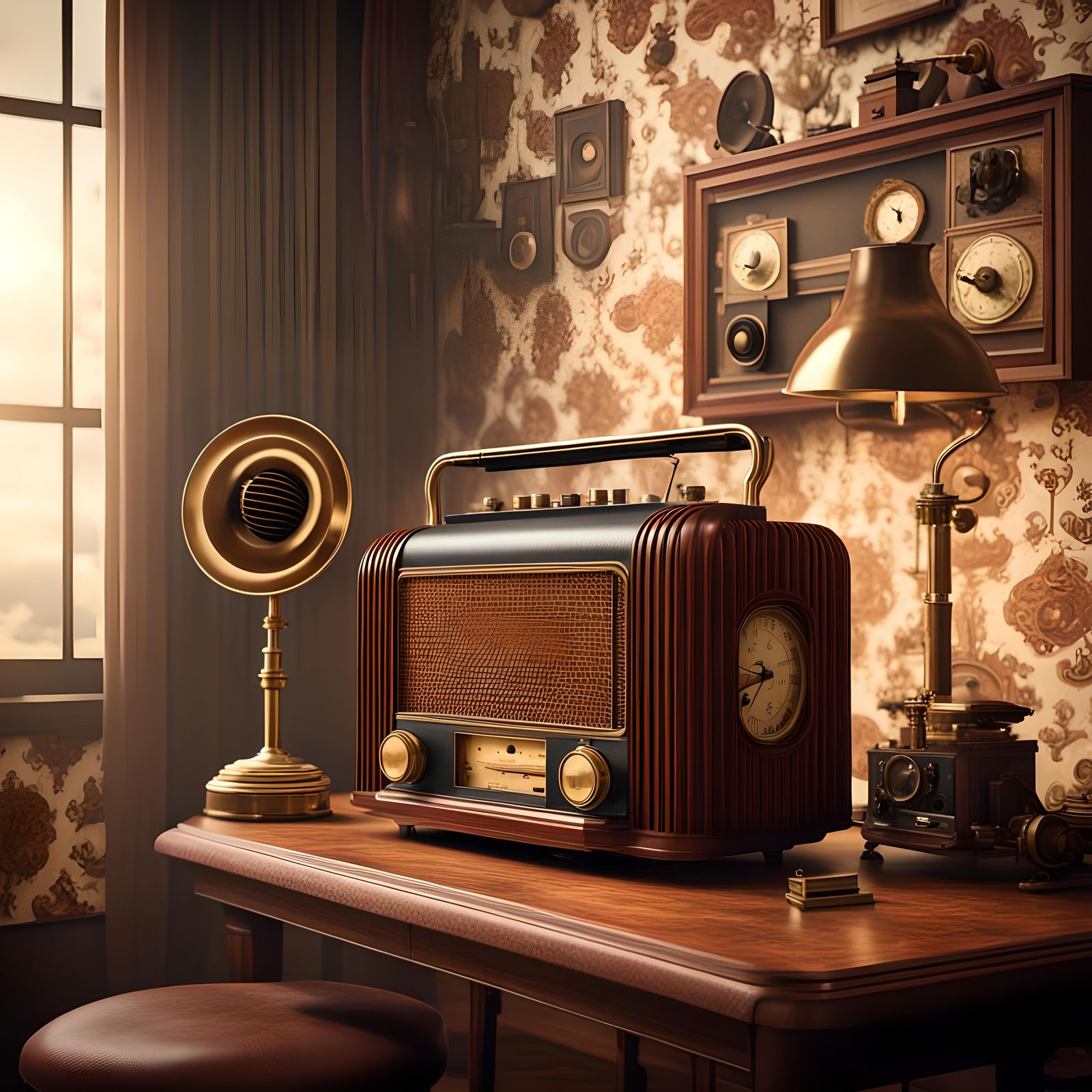 Photorealistic 3d, full hd, 8k image of musical vintage radio sitting on a desk near a retro phonograph ...  by @Vey Telmo