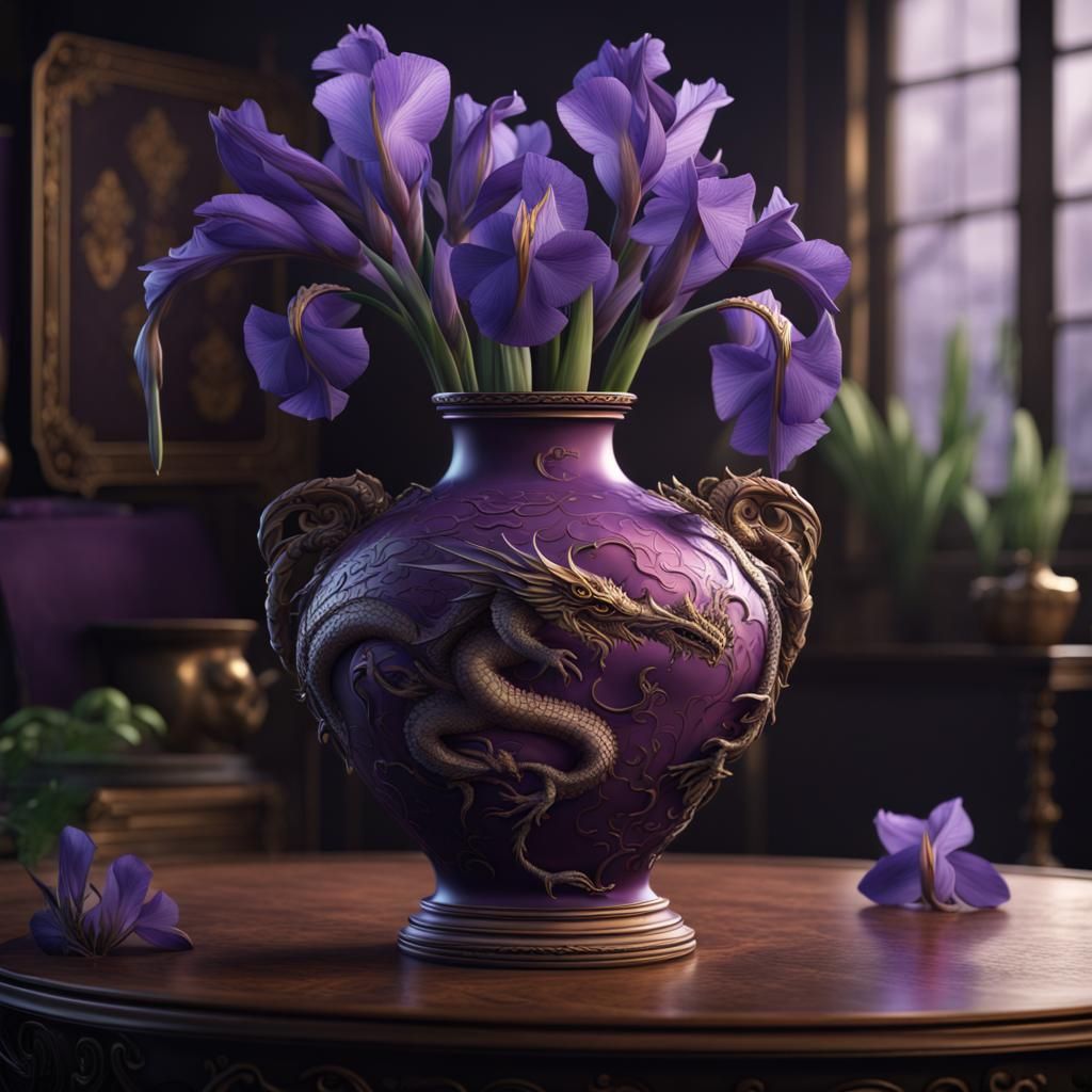 a vase with a purple dragon on it full of irises