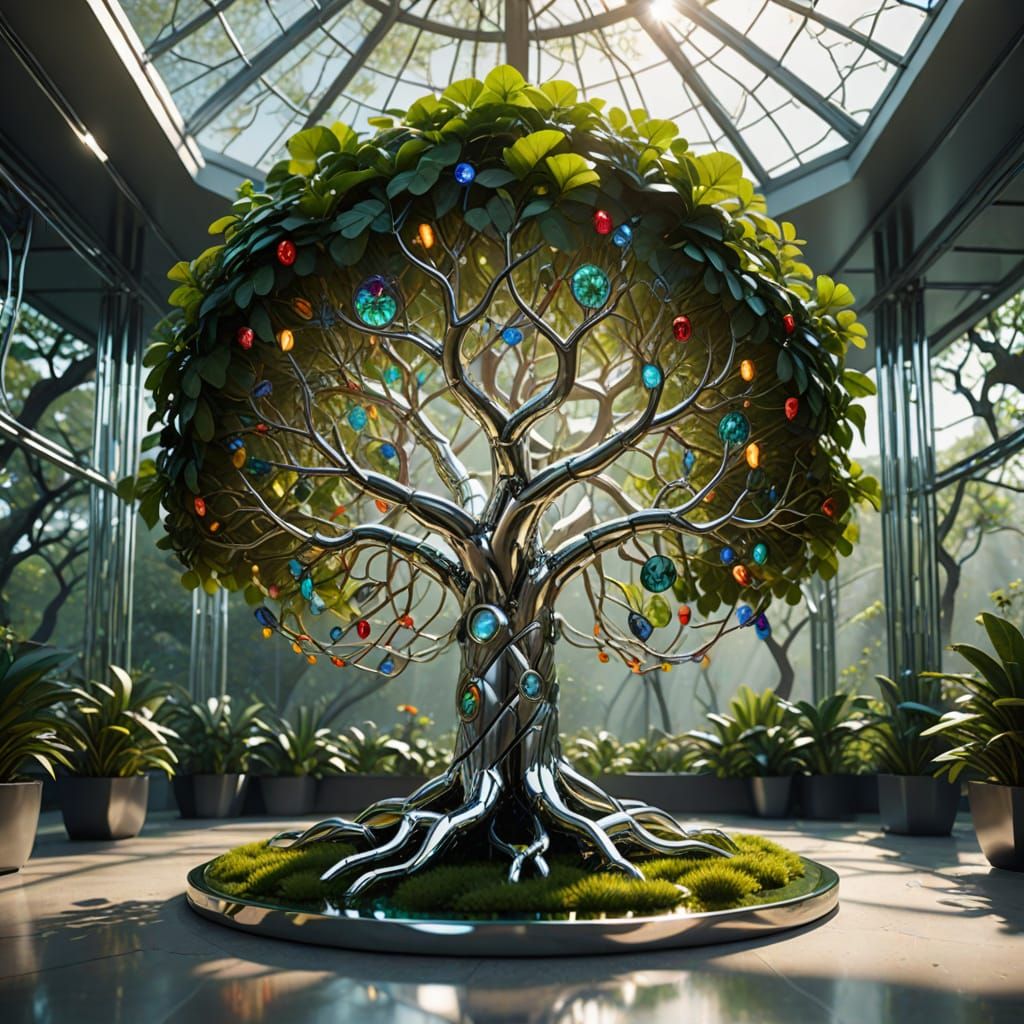 3D render. Medium shot. A tree of life made of polished chrome and glass stands in a futuristic botanical garden, its roots intertwined with...