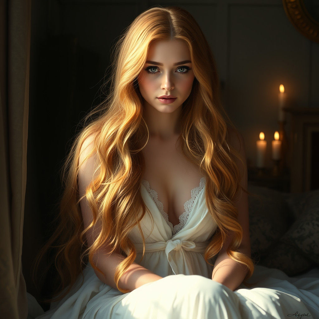 Enigmatic Woman in Pre-Raphaelite Style Chamber