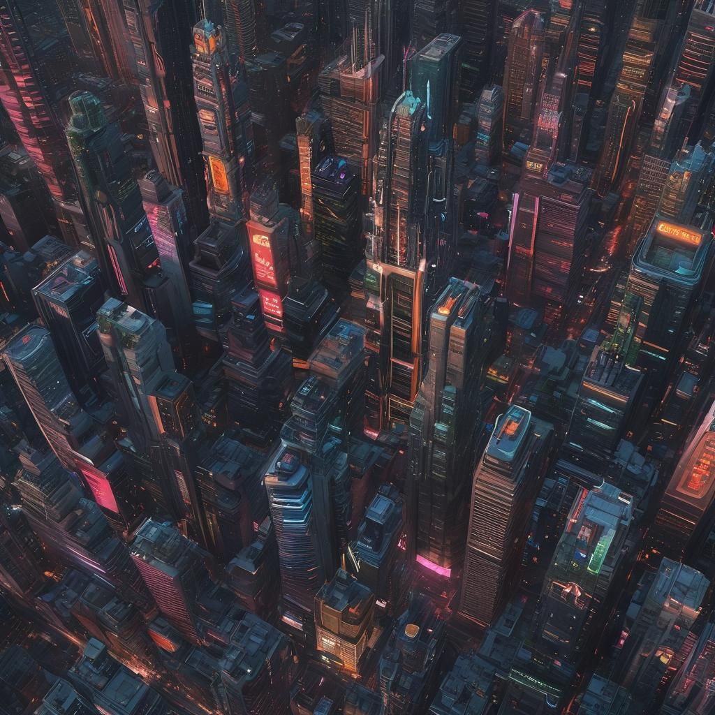 "Illustrate a dystopian cityscape dominated by biotech corpo...