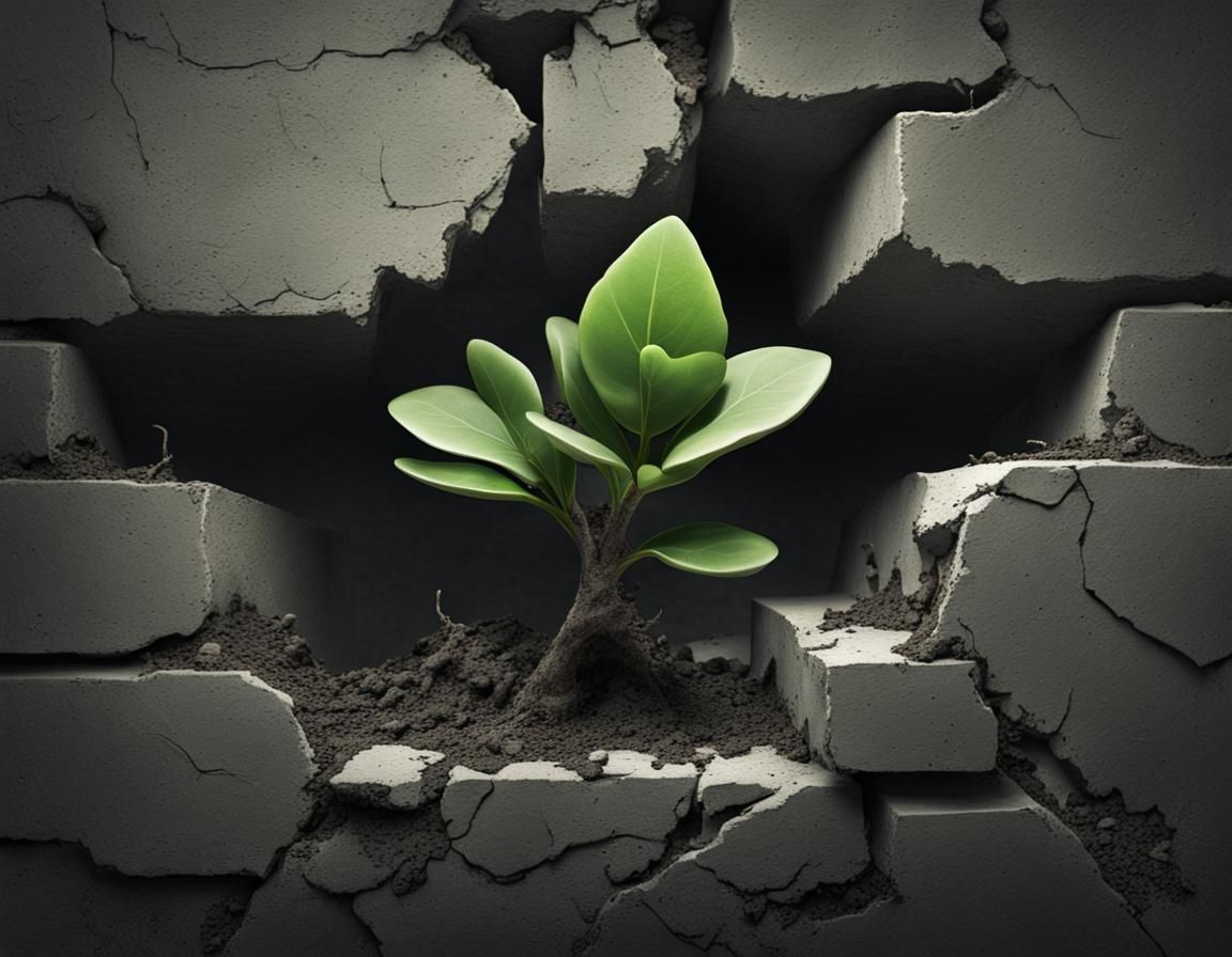 Surrounded by grey concrete and rubble, a tiny green plant s...