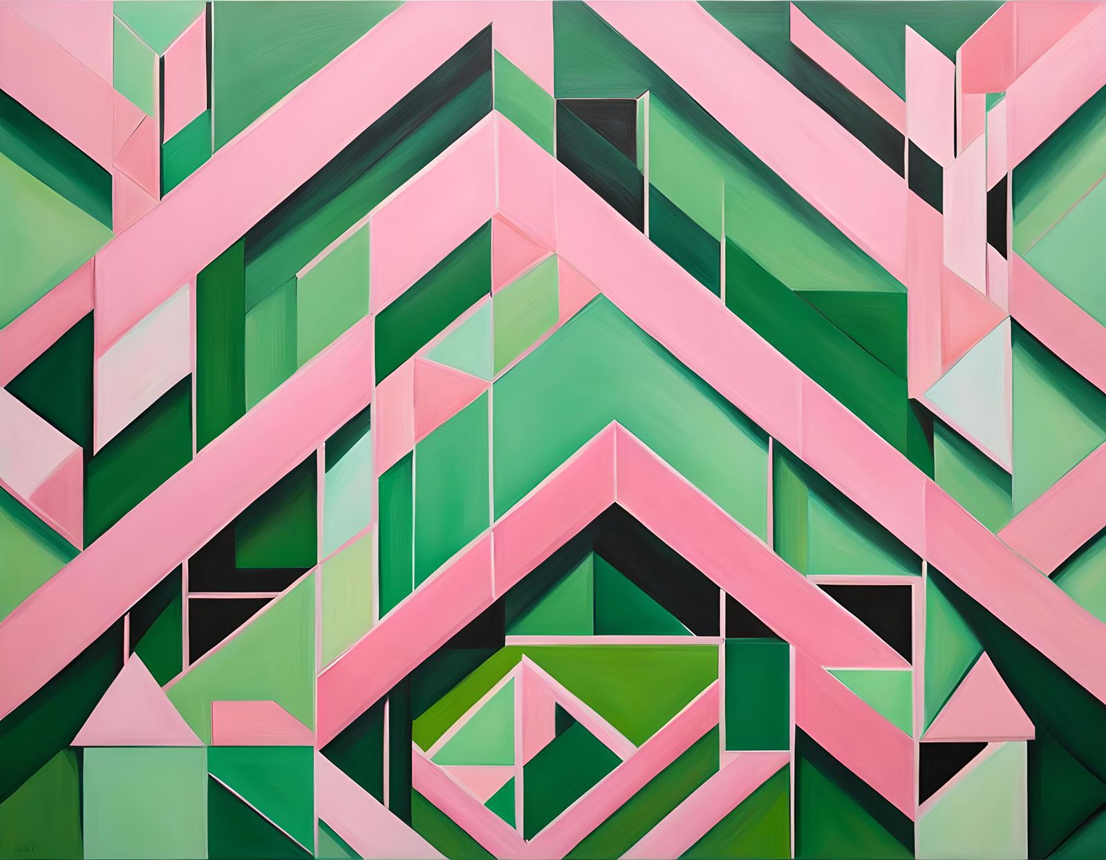 geometric abstraction in pink and green, detailed oil painting