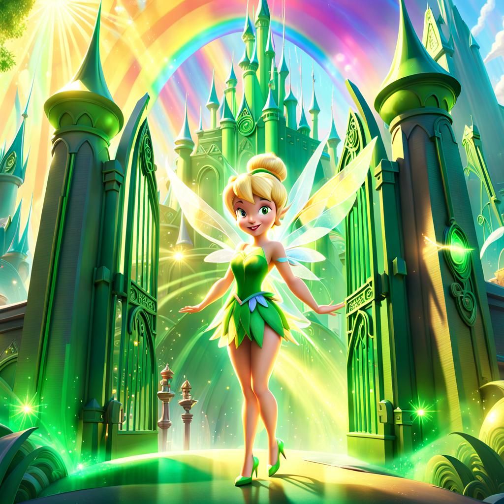 Tinkerbell stands before the Emerald City, the gates opening. A rainbow