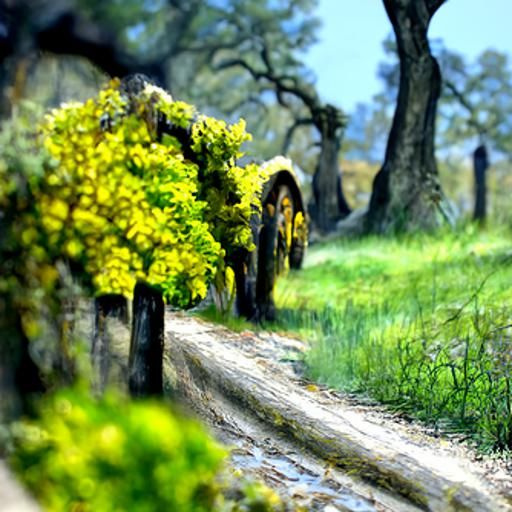 Dirt road through an oak forest to a distant medieval town P...