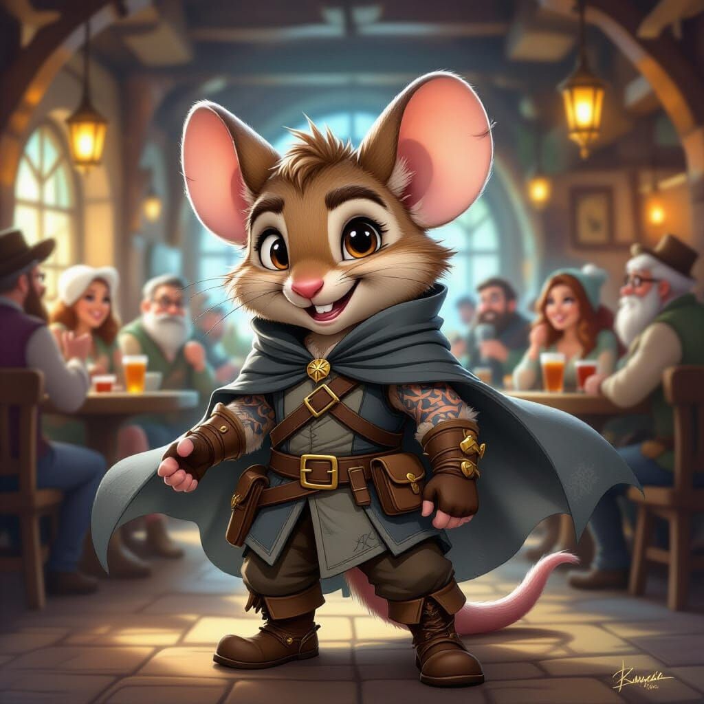 A funny cartoon caricature of Finn, an anthropomorphic forest mouse adventurer. He has light brown fur, a gray weathered cloak, tattooed arm...