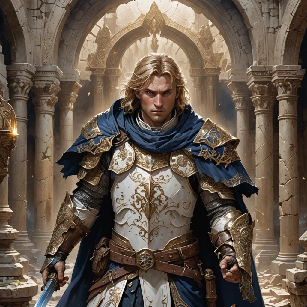 A male Light domain cleric with a dark blonde, stern but beautiful face stands in a ruined temple. He wears cream white plate armor adorned...