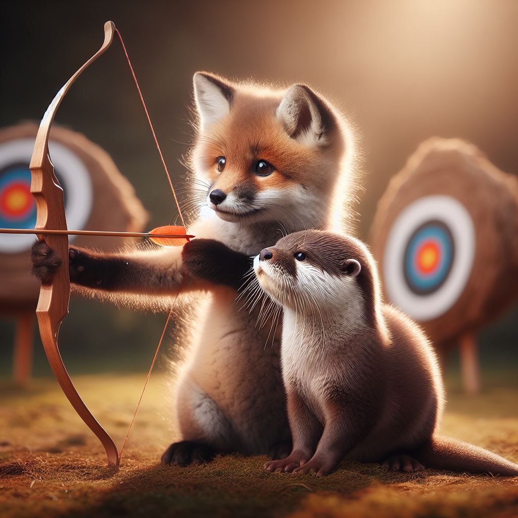Showing baby otter how to hold a bow!
