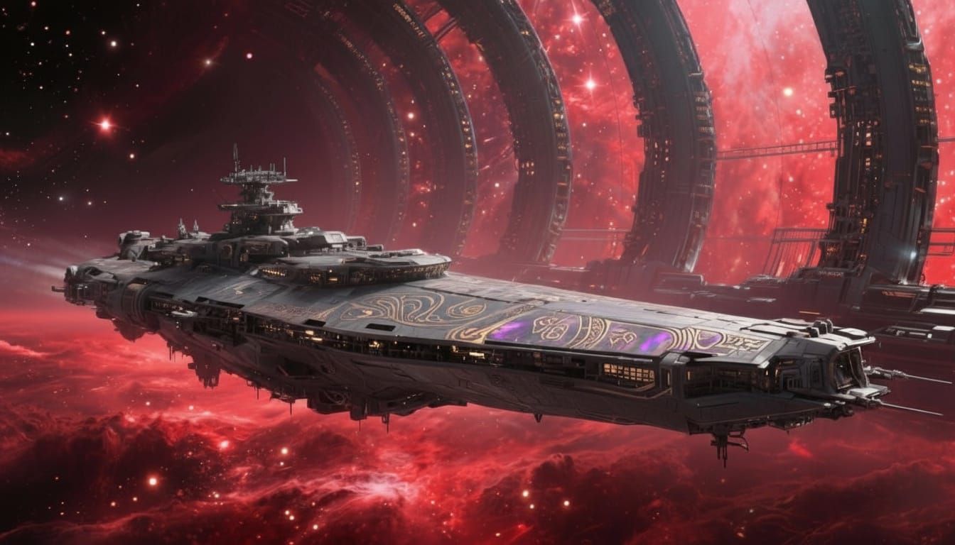 An ancient, celestial space battle ship with of alien origin drifts silently through a nebula, its hull ...  by @TienTeERminu