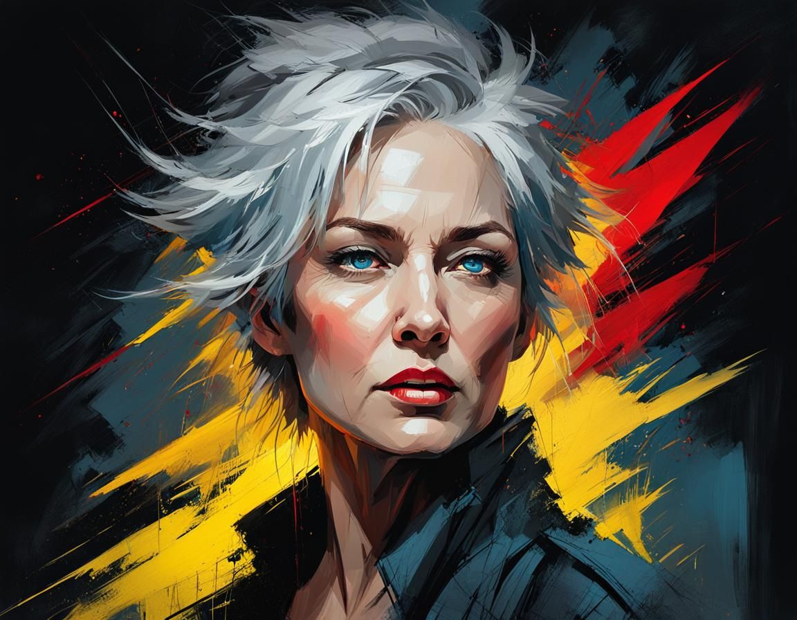 A portrait of a beautiful grey haired woman, blue eyes