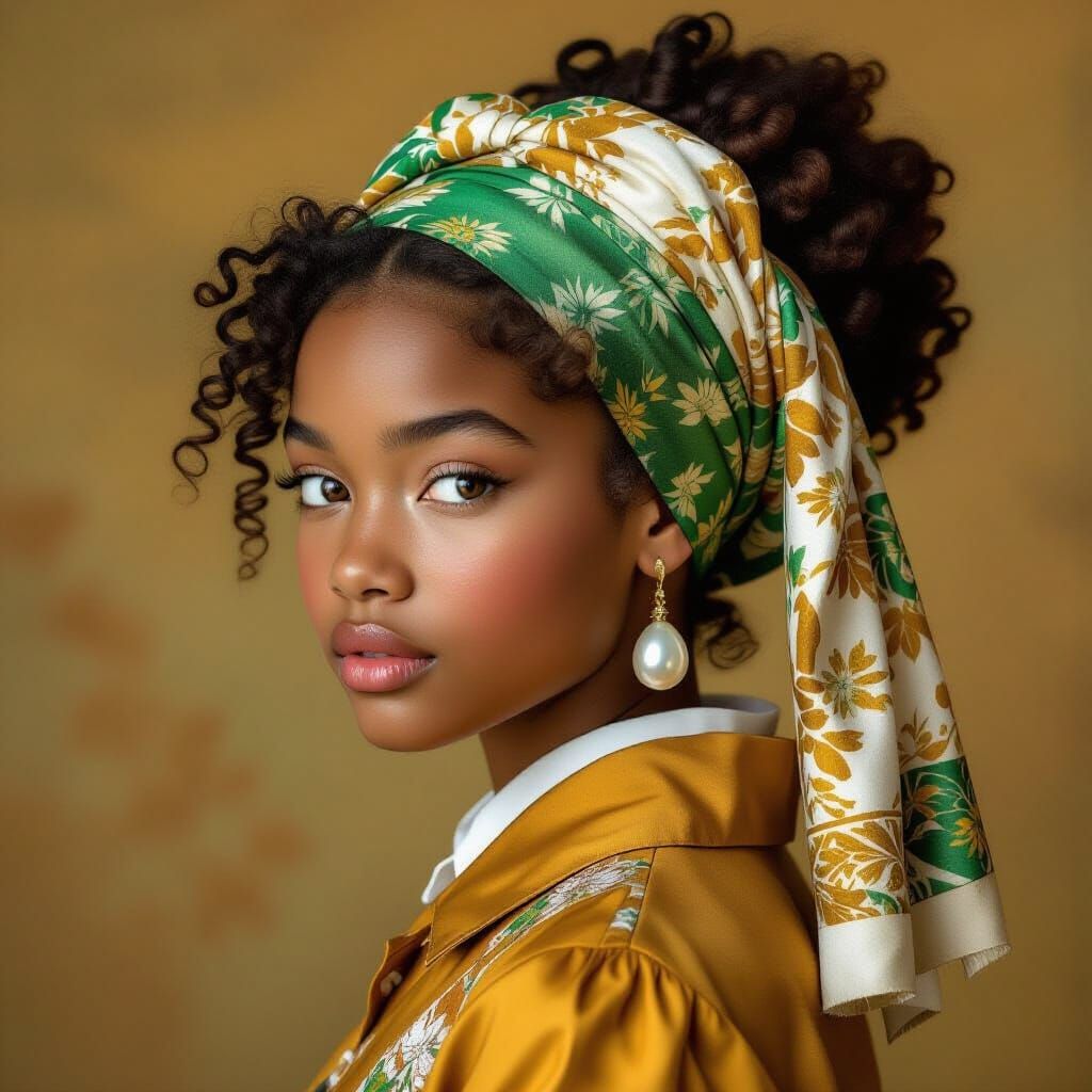 The image shows the picture "Girl with a pearl earing" painted by Johannes Vermeer. The girl in the pictura is afroamerican. She has a green...