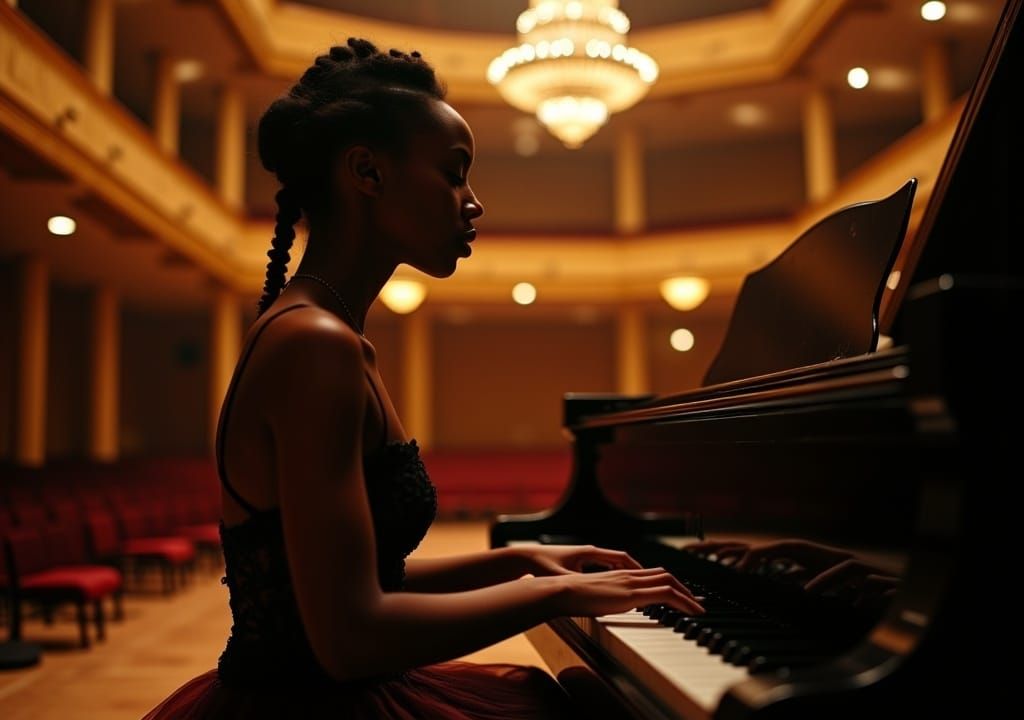 <lora:Double Photoreal v2:1.0> a beautiful woman playing the piano, empty concert hall in the background slightly out of focus, as shot with...