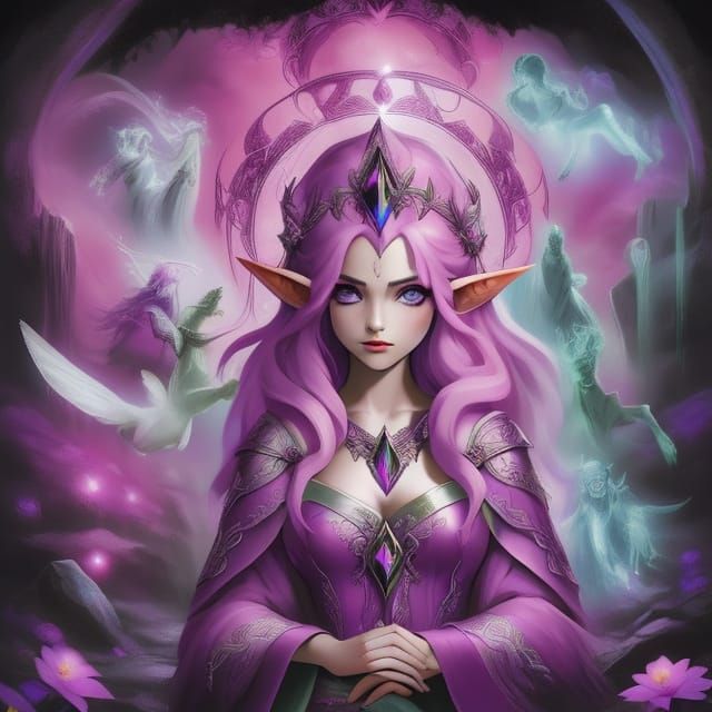 Mystical Elven Priestess Amidst Magenta Bloom