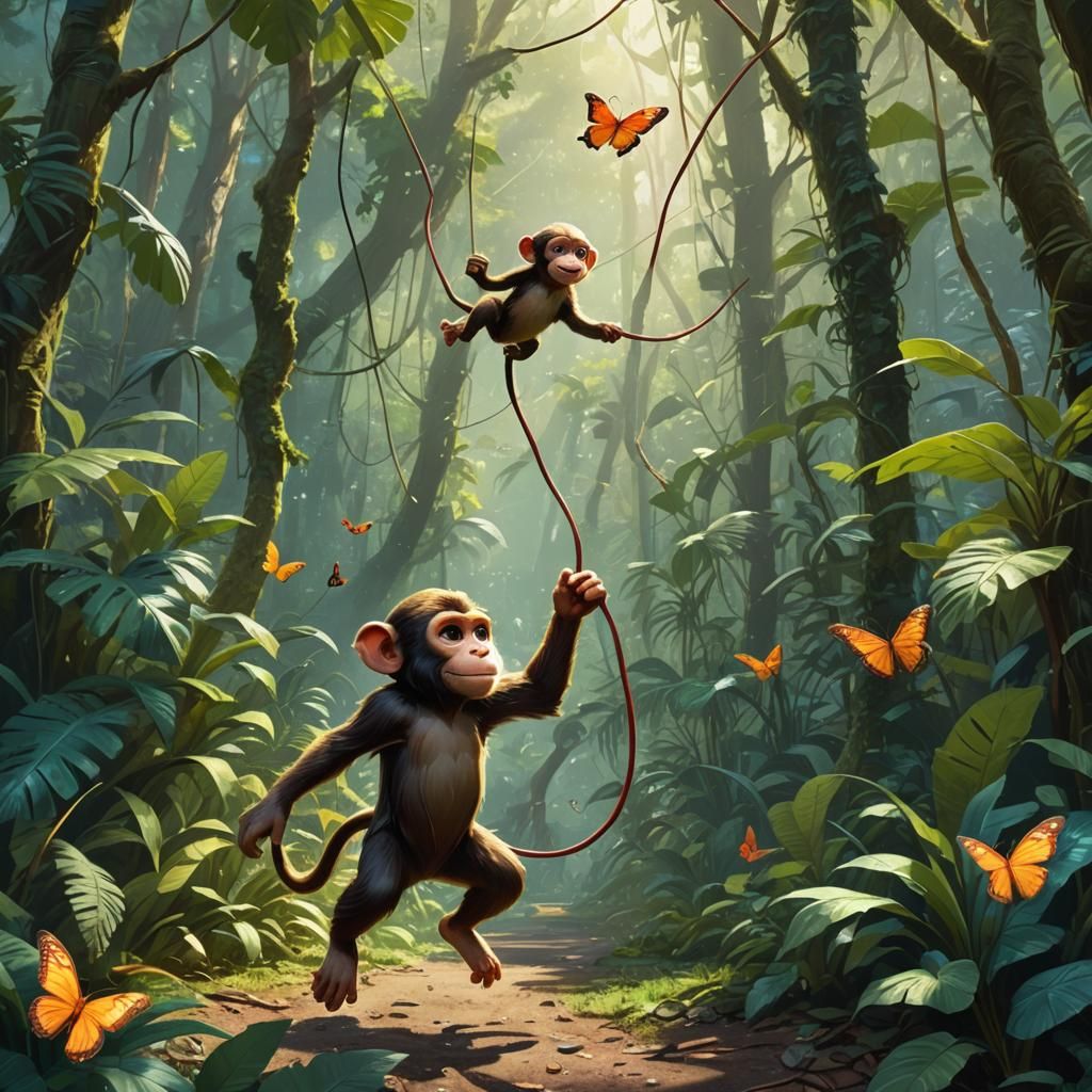 Monkey Jumps Rope in Lush Jungle: Fantasy Art
