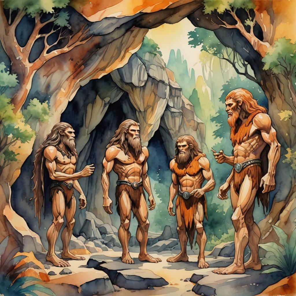 Aliens Meet Caveman: Art Deco Watercolor