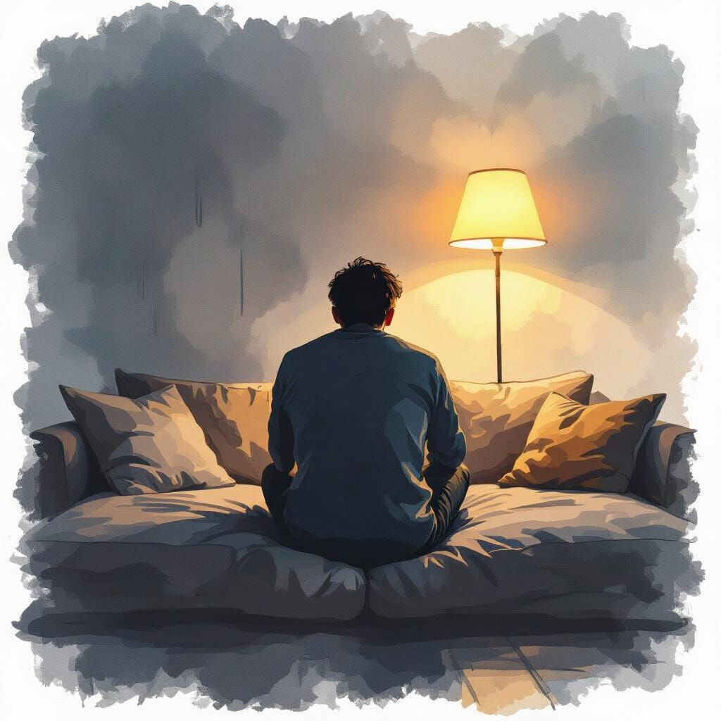 Sad Man Sitting on Couch in Dark, Moody Atmosphere