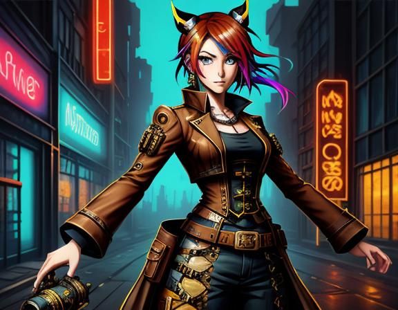 steampunk anime character wearing brown clothing, in a city ...